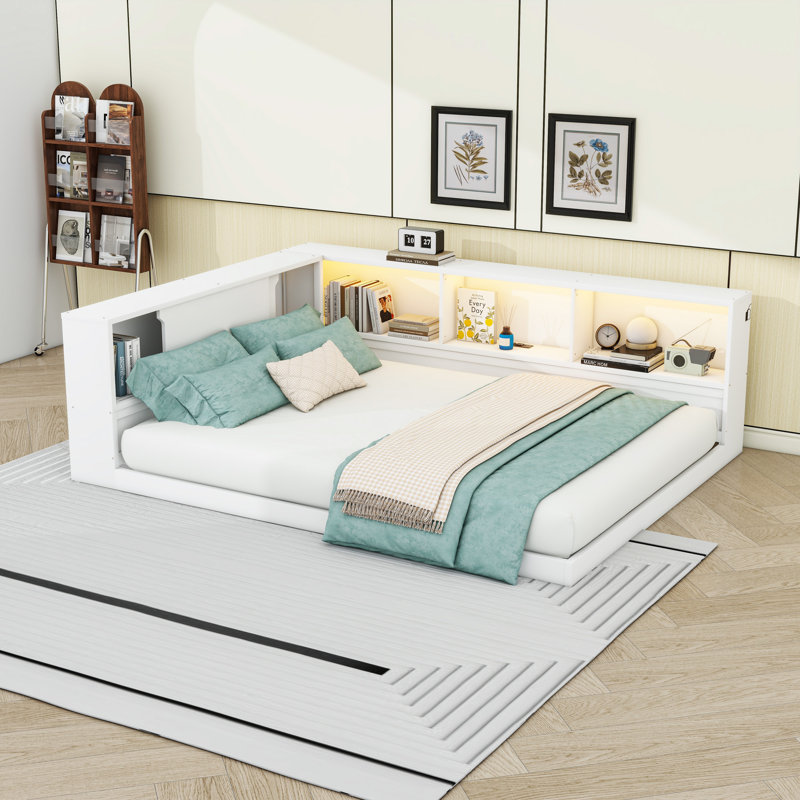 Queen Size Wooden Daybed with Built-In Storage, LED Lighting and Charging Station, White