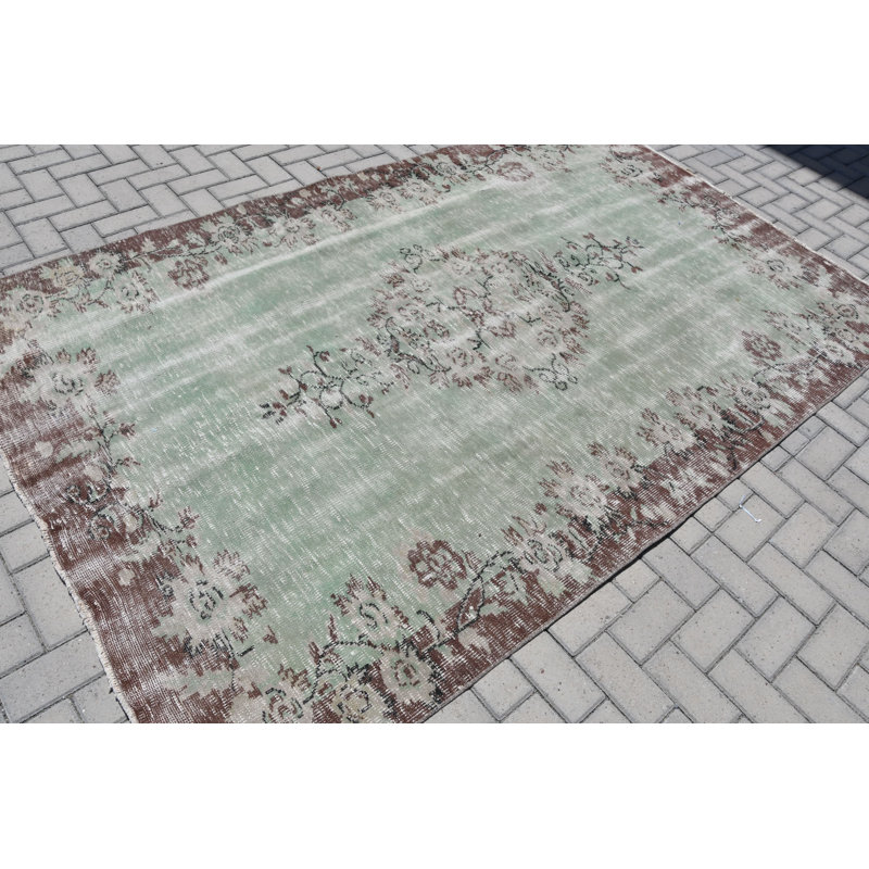 Grand tapis vert Oushak tissé à la main et rétro, idéal pour décorer le salon brun / vert