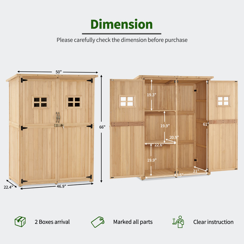 4 ft. W x 2 ft. D Outdoor Wooden Storage Shed with 2 Shelves and Lock, Natural