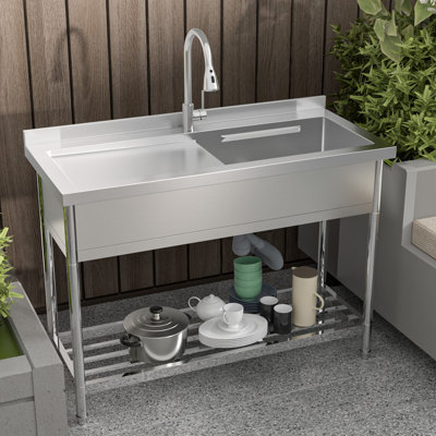 47" Commercial Stainless Steel Freestanding Utility Sink with Faucet, Drain Assembly, Storage Shelf and Workstation Accessories for Laundry Room, Garage, Kitchen and Outdoor Use