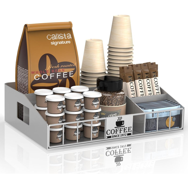 Organisateur de station de café avec 4 compartiments, panier de rangement pour porte-gobelets K pour dosettes de café, tasses, condiments, organisateur de comptoir robuste pour la cuisine, le bureau, le bar, les accessoires, le métal, argent