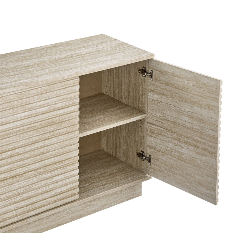 Mid-Century Modern 70" Beige Faux Travertine Sideboard Cabinet