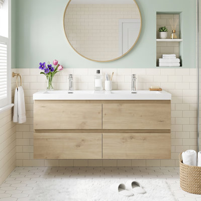 Meuble-lavabo mural de salle de bain de 122 cm (48 po) en panneaux de particules mélaminés (MFC) avec dessus en résine blanche brillante et carbonate de calcium, quatre tiroirs coulissants en forme de U à fermeture douce, préassemblé