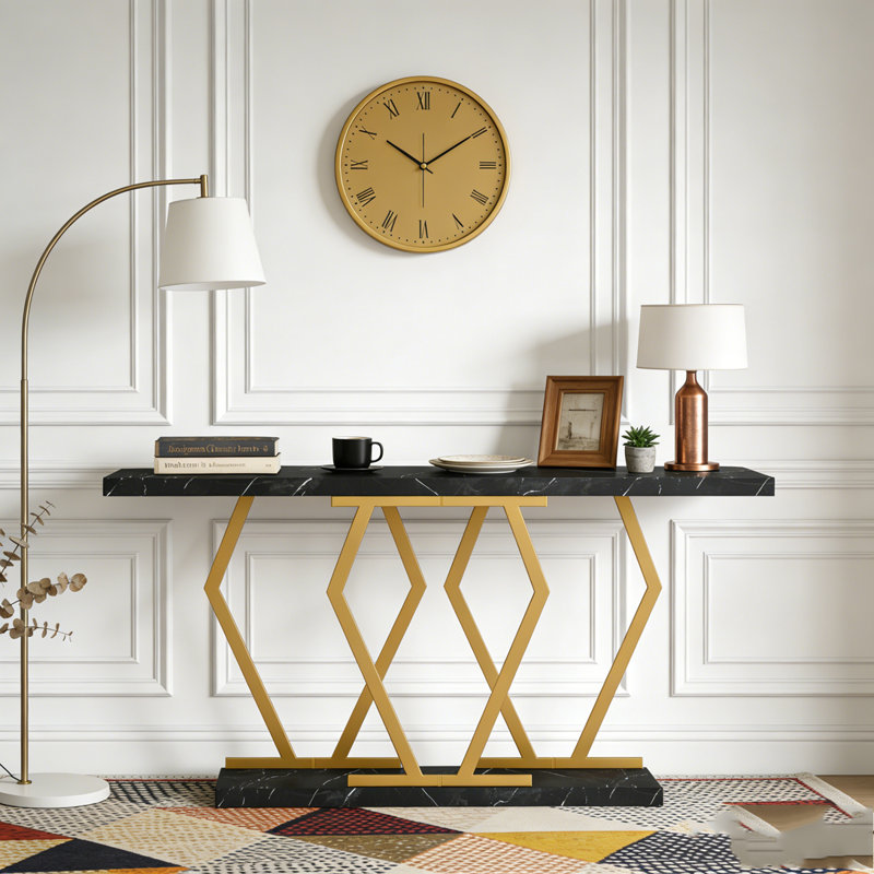 Table console moderne avec plateau en faux marbre, Or noir