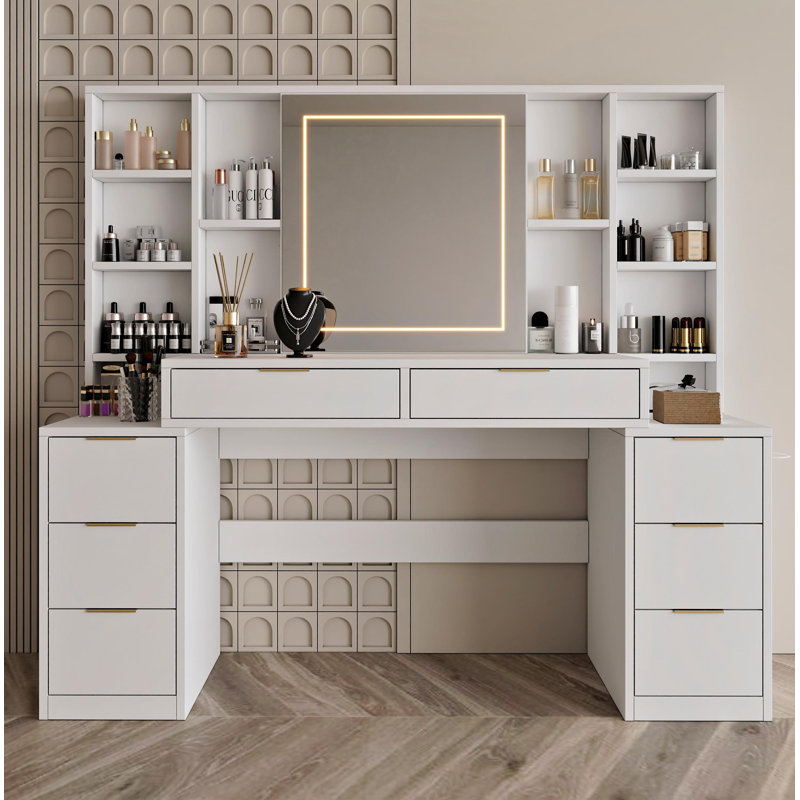 Makeup Vanity Desk With Mirror And Lights, 59" Large Vanity Table With 8Drawers & Open Storage Shelves, Brightness Adjustable, Dressing Table For Bedroom, Women And Girl