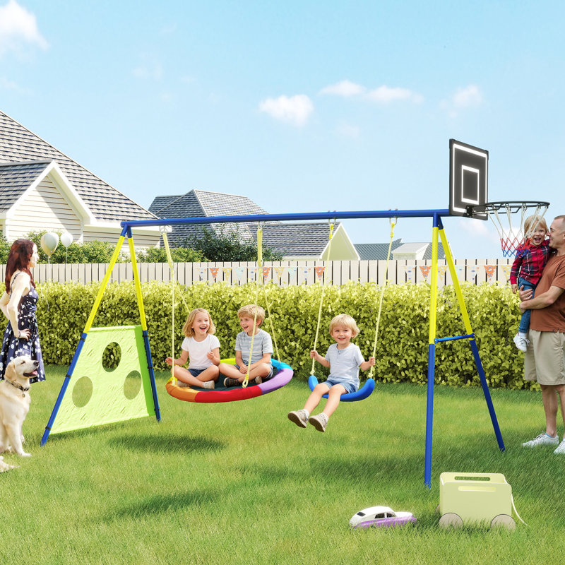 AIYAPLAY 4-in-1 Kids Swing Set with Saucer Swing for Ages 3-8 Multicolour