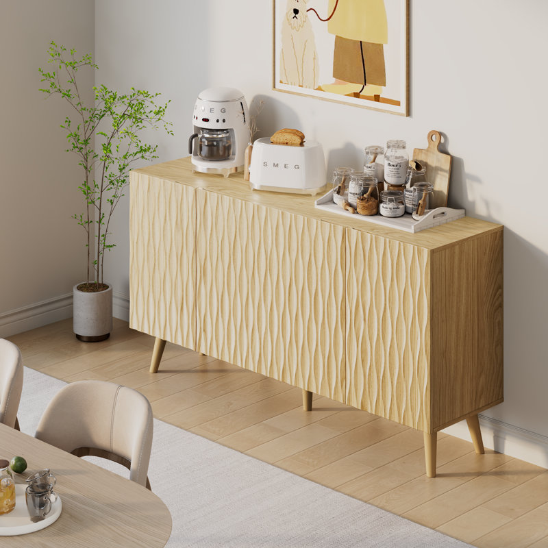 Erommy 4 - Door Accent Cabinet With Adjustable Shelves, 58"W Buffet Cabinet With Sculptural Wave Design For Dining Room, Living Room And Coffee Bar
