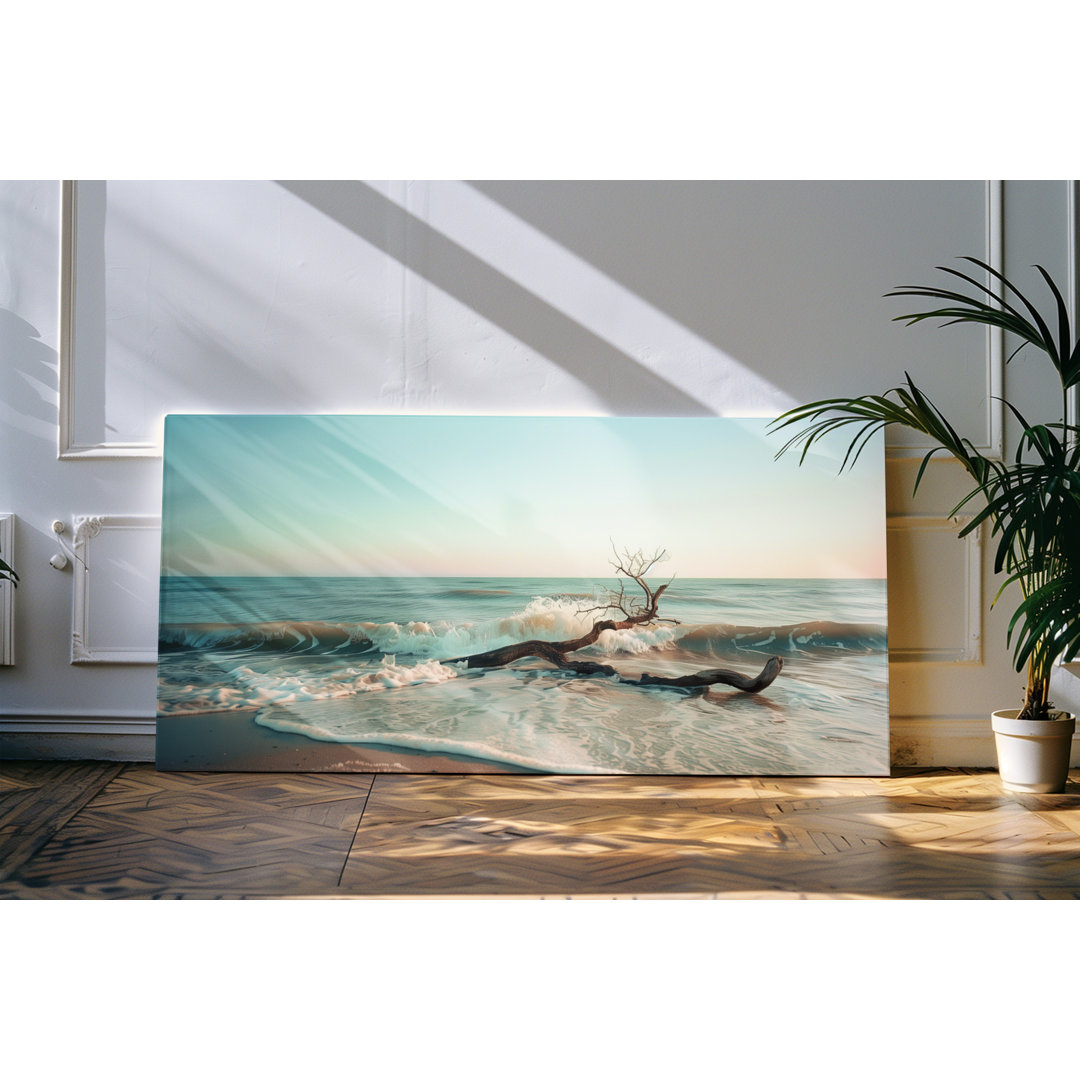 Leinwandbild gerahmt 120x60cm Treibholz Meer Ozean Horizont Strand