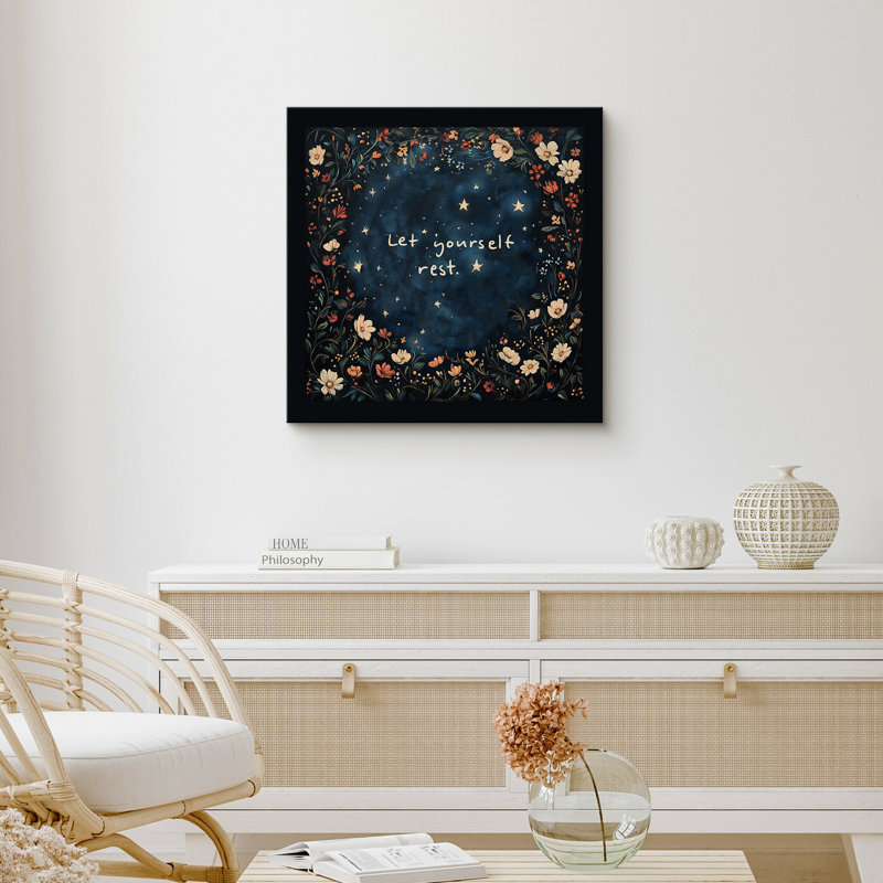 Let Yourself Rest Canvas Wall Art, Calming Floral Starry Night Framed Art Print for Cozy Bedroom or Peaceful Meditation Space Decor