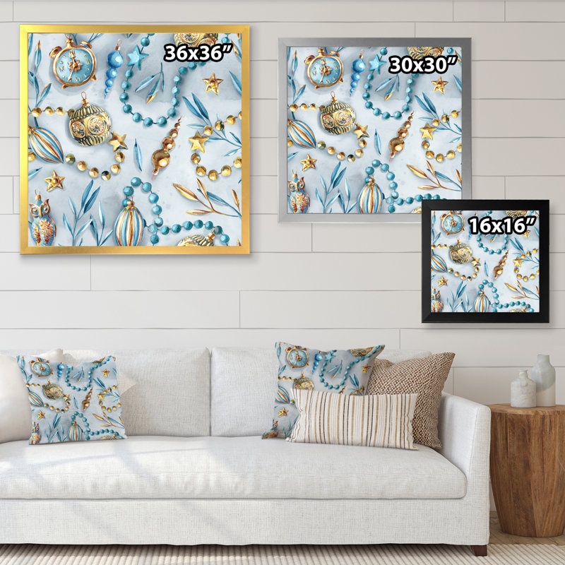 «Blue and Gold Christmas Tree Ornaments», reproduction d'art sur toile moderne, H 30 po x l 30 po x P 1 po, Cadre photo blanc