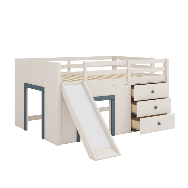 Lit mezzanine double pleine grandeur avec glissière, trois tiroirs de rangement et portes