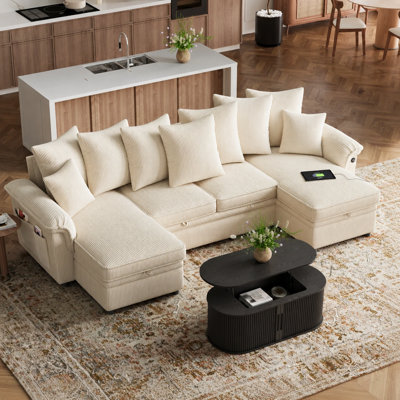 Ensemble de salon avec canapé-lit modulaire en U rembourré et table basse à plateau relevable ovale