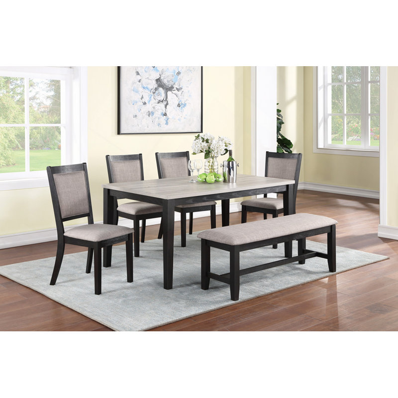 Table de salle à manger contemporaine 6 pièces avec chaises d'appoint 4X et banc rembourré avec sièges rembourrés et chaises en bois massif et placages
