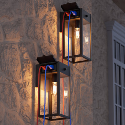 12.8" Outdoor Wall Sconce With GFCI Outlet, Dusk to Dawn Exterior Wall Lantern, Modern Hardwired Porch Light, Max 60W E26 Base