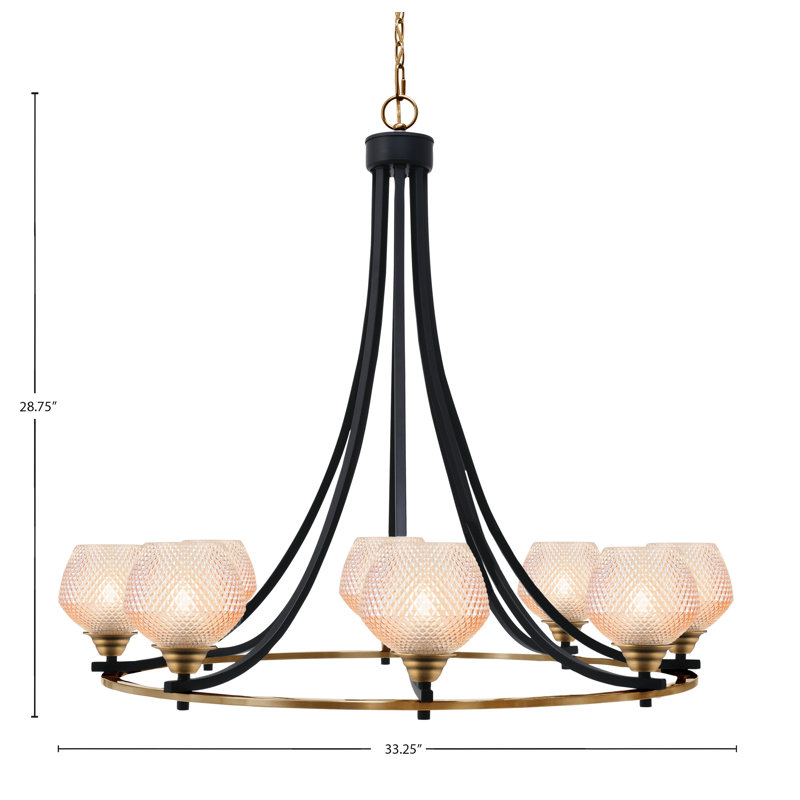 Lustre lumineux à 8 lumières Patton présenté en noir mat et laiton vieilli avec verre texturé ambre de 6 po