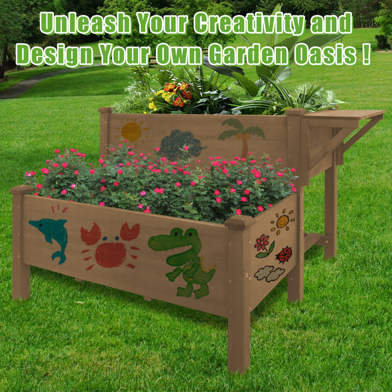 Behn 2-tier Wooden Elevated Planter With Storage Shelf, Slide Table