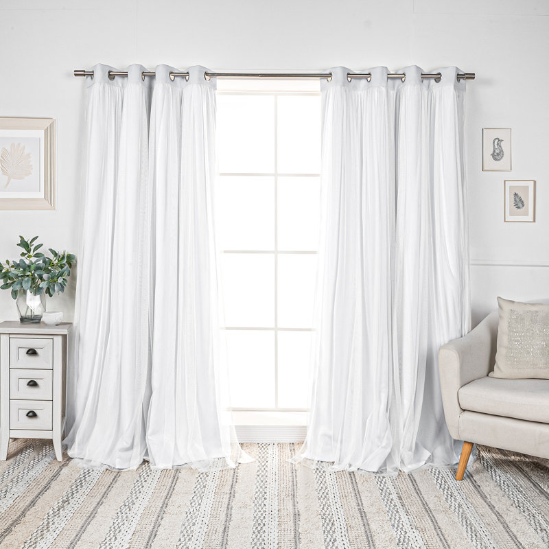 Fortuna Brockham Solid Tulle Overlay Room Darkening Grommet Curtain Panels, Vapor, 52" W x 108" L