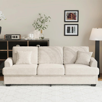 Canapé 86 po Corduroy Comfy Cloud - 3 places avec sièges profonds, 2 coussins de dossier amovibles et 2 coussins décoratifs, moderne pour salon, chambre à coucher, appartement, bureau, velours côtelé blanc