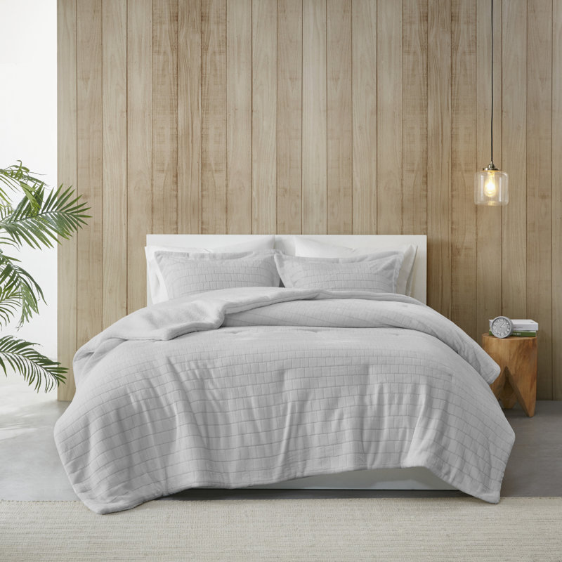 Laurie Plush to Sherpa Comforter Set, Cal.King Comforter + 2 King Shams, Ivory