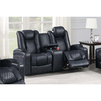 Modern Contemporary Style Power Reclining Loveseat 1Pc Adjustable Headrest Storage Sofa Cup Holder Ink Blue Finish Primary Living Room Furniture