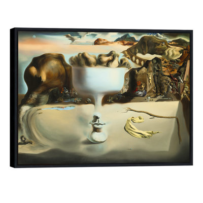 Impression giclée sur toile encadrée « Apparition d'un visage et d'une coupe de fruits sur une plage » de Salvador Dali. Décoration murale pour salon, maison ou bureau (cadre mince noir, 30 x 40 cm).