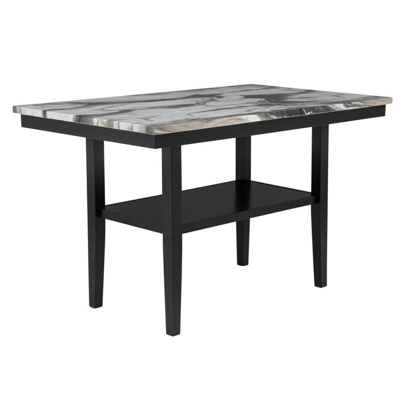 Table de salle à manger de comptoir de 60 po avec tablette inférieure de rangement, plateau en bois à finition marbre pour la salle à manger de cuisine, noir