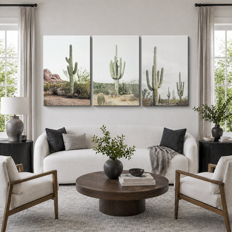 «Cactus Desert», Boho Southwest Landscape, H 24 po x l 48 po, Toile tendue