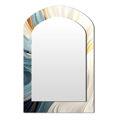 Vintage Blue And Orange Wave Elegance II - Abstract Shapes Arch Mirror, Orange Asymmetrical Decorative Wall Mirror, Printed Metal Art