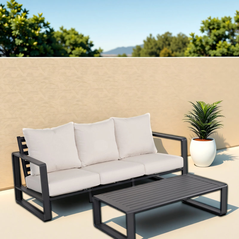 Table basse Three and Rectangular, coussins confortables gris, matériau et table modernes en aluminium, structure robuste