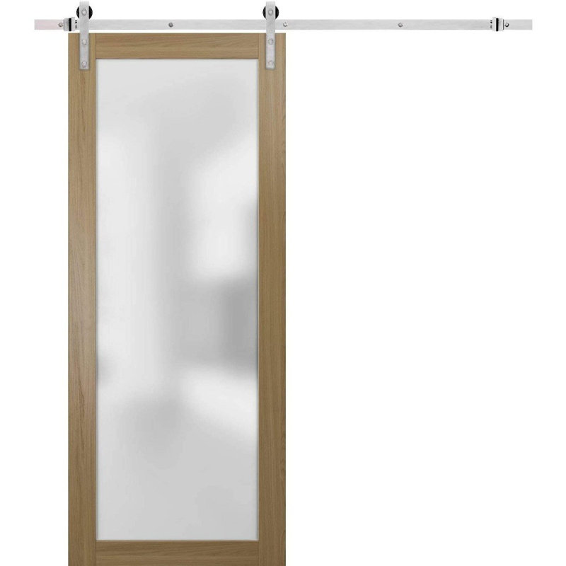 Porte de grange robuste en verre trempé givré | Planum 2102 | Ensemble de quincaillerie lourde pour cintres 6,6 pi argenté | Portes intérieures modernes à panneau massif - Rail argenté