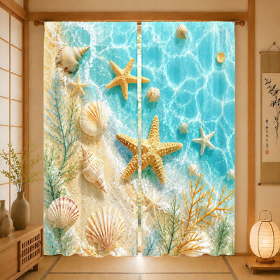 2Pcs Realistic Ocean Beach Starfish Shells Curtains, light filtering, vivid underwater scene print, rod pocket design, decorative panels for living room, bedroom, balcony, kitchen home decor