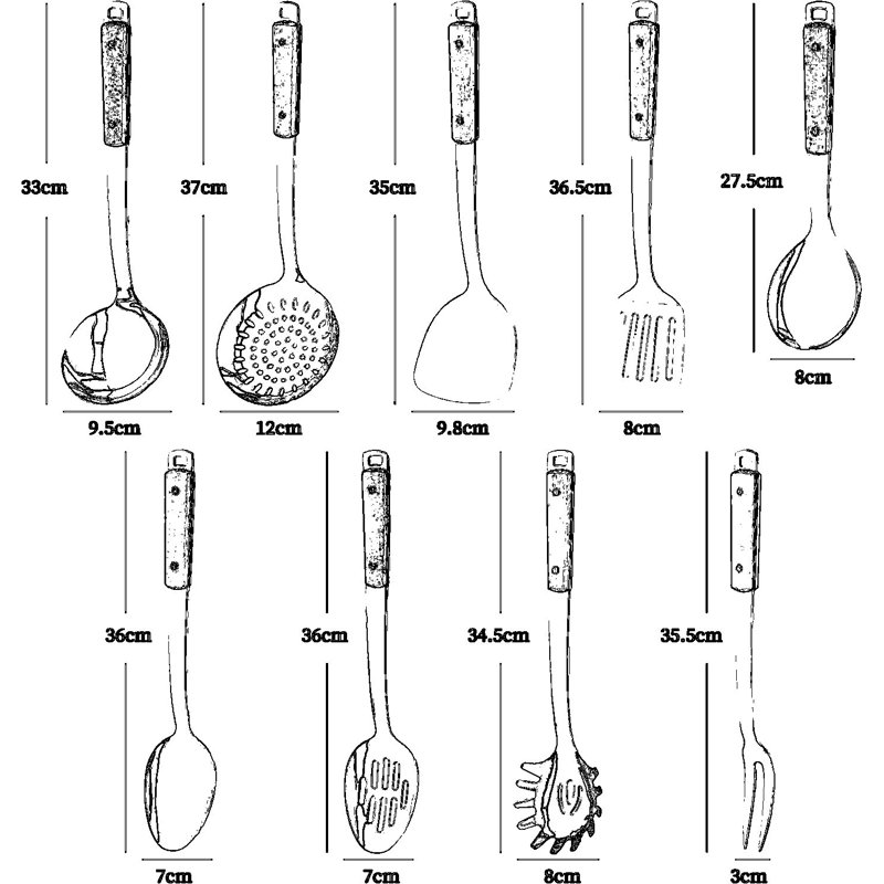 Ensemble d'ustensiles de cuisine 9 pièces en acier inoxydable avec poignées en bois, comprenant une louche, un Turner, une spatule, une cuillère et plus encore, des ustensiles de cuisine allant au lave-vaisselle