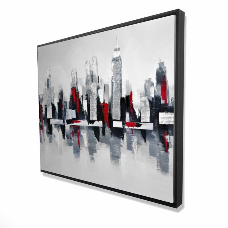 Gray and Red Cityscape - Red Living Room Framed Canvas Decor, 61.25" H x 49.25" W