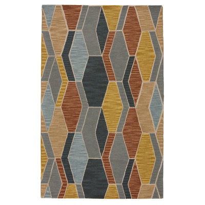 Tapis gris / doré en laine touffeté à la main à motif géométrique Beaman