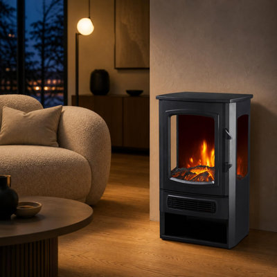 Foyer électrique 3 côtés à double puissance (750 W/1500 W), flamme DEL multicolore, télécommande, chauffage silencieux sur pied pour salon, chambre, bureau, VR, noir