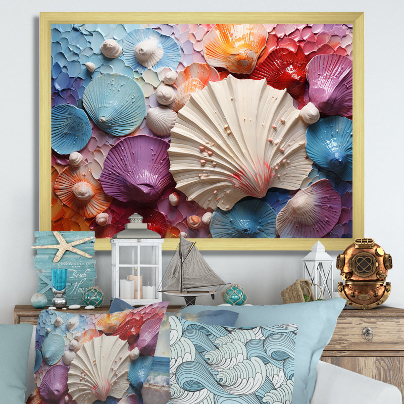 Coquillage côtier tranquillité sur toile, Cadre doré simple, H 30 po x l 40 po x P 1,5 po