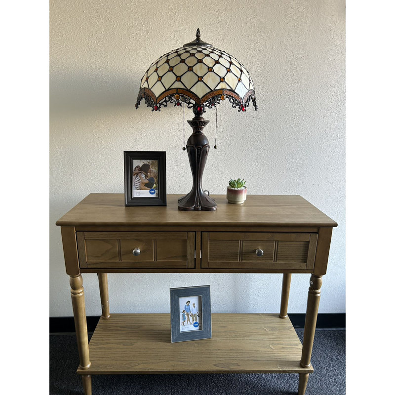 Beige Stained Glass Table Lamp with Pull Chain Switch
