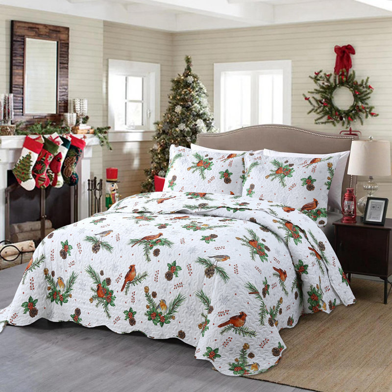 Queen White Christmas Cardinals Polyester Quilt Set