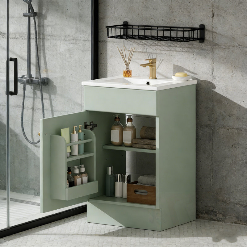 Meuble-lavabo de salle de bain avec lavabo, tablette de porte et tablette réglable, Vert clair
