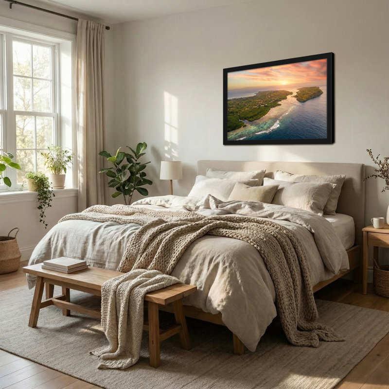 Paysage et nature, coucher de soleil aérien, paysage côtier, île, océan, H 24 po x l 36 po