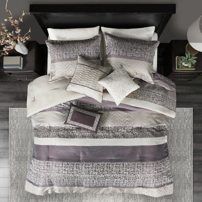 King Comforter In Purple - Material, Stripe Pattern, 3 Decorative Pillows Size Bed Fill, Design, Embroidered