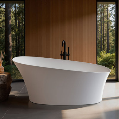 PetalEdge 67"×30" Freestanding Solid Surface Resin Stone Bathtub, 14.5" Deep Soaking Tub with Overflow, Pop-Up Drain