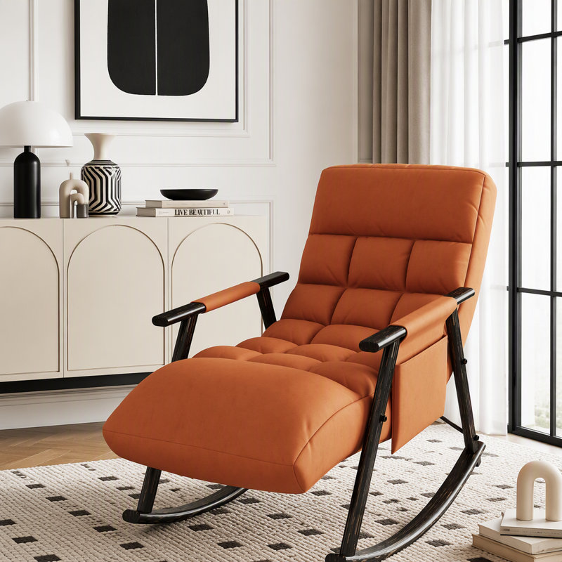 Folding Rocking Lounge Chair with Adjustable Back, Footrest & Side Pockets, Orange