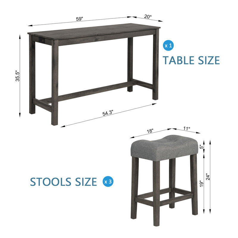 Ensemble de table de bar 4 pièces gris foncé avec prise de courant et ports USB - Console derrière le canapé avec 3 tabourets rembourrés pour le salon