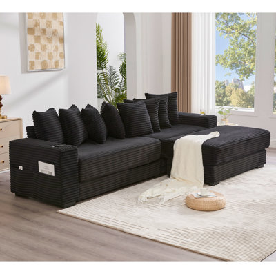 Newly 113.21" Corduroy Modular With Movable Footstool, Cup Holders, 8 Pillows And Bed Conversion L Shaped Upgraded Footrest, Throw Magazine Pocket
