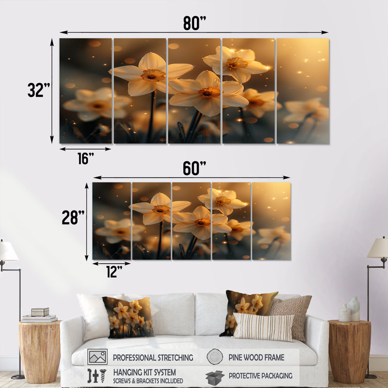 Beige, jaune, heure dorée, Glow Daffodils - Jonquilles, ensemble d'art sur toile, H 28 po x l 60 po