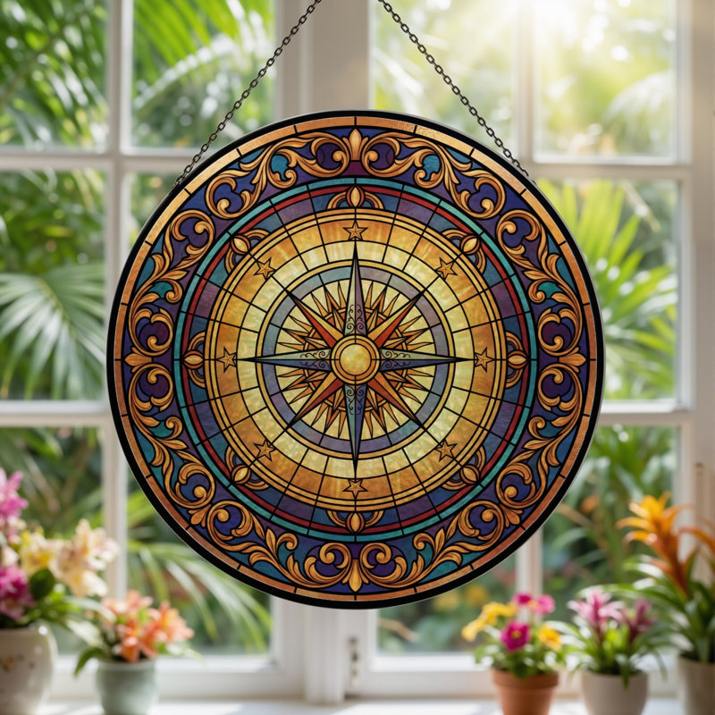 Panneau de vitrail Compass Rose, H 12 po, H 12 po