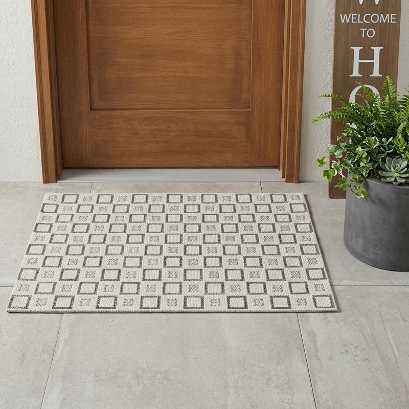 Tapis d'extérieur à motif géométrique crème et beige 3 pi x 5 pi