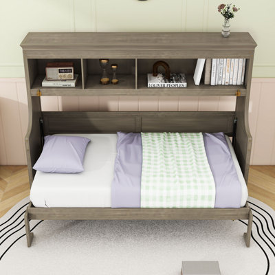 Lit escamotable simple en bois avec tablettes de rangement ouvertes