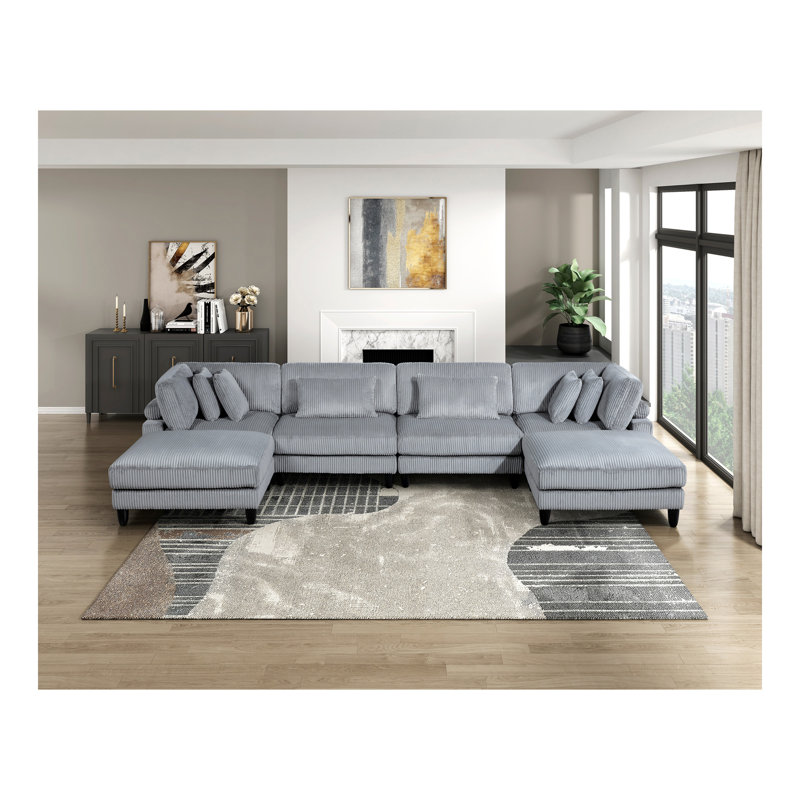 Ensemble de conversation modulaire en velours côtelé gris 6 pièces 2 pièces 2 places sans accoudoirs 2 sièges de coin 2 coussins de salon